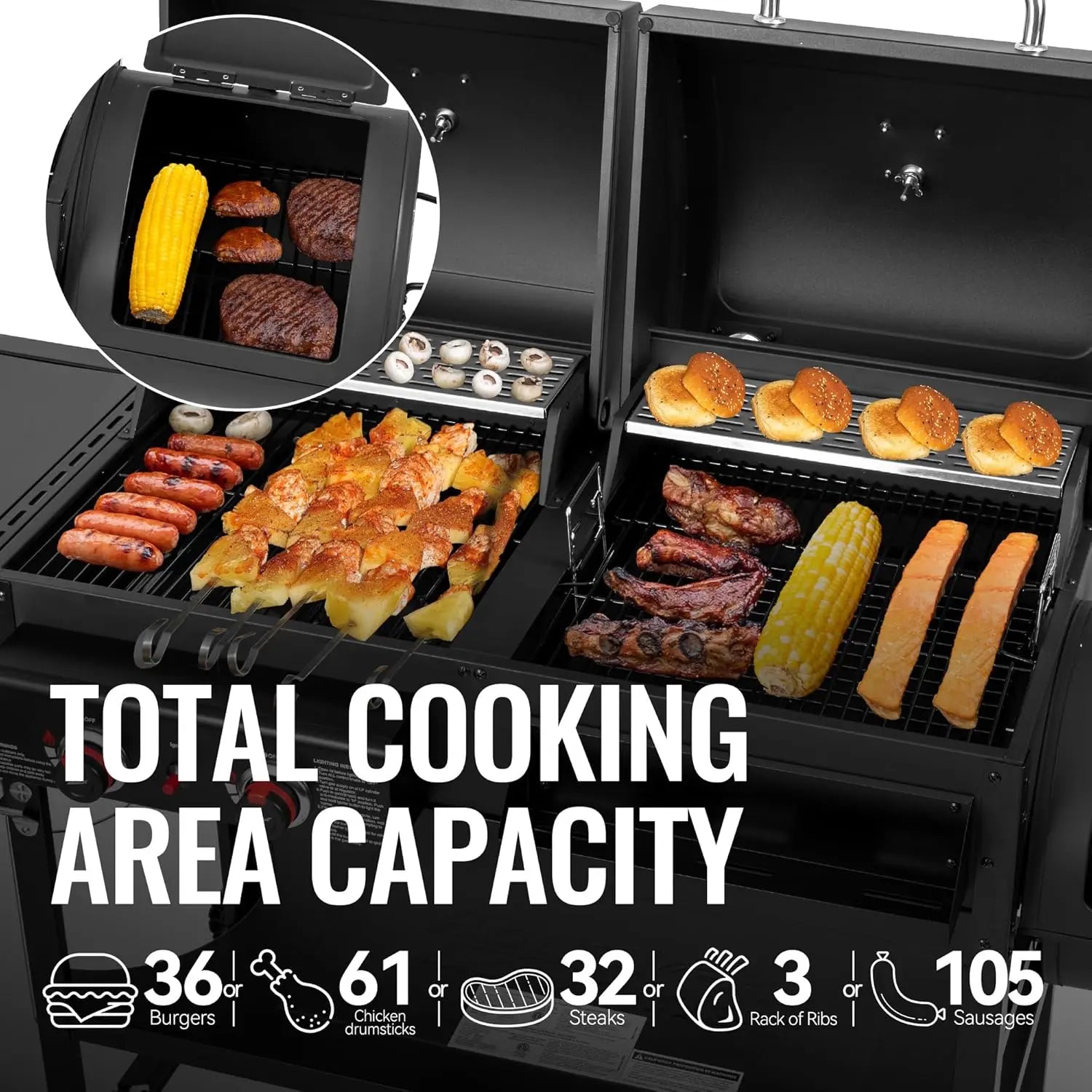 2-Burner Gas and Charcoal  Grill with Offset Smoker & Side Burner,