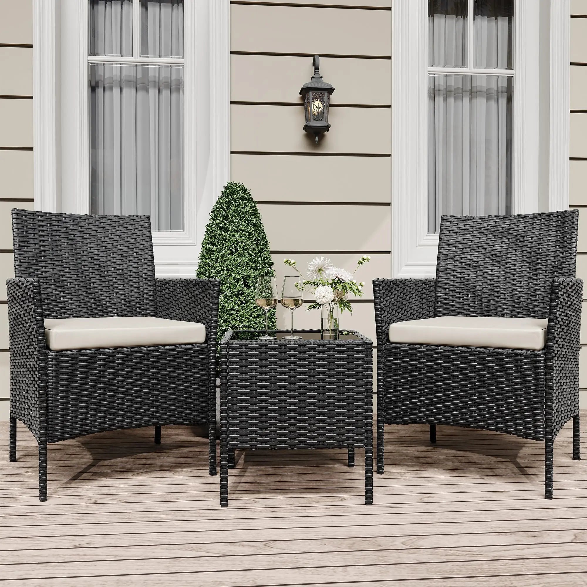 3-Piece Wicker Patio  Set, All-Weather With Glass Coffee Table