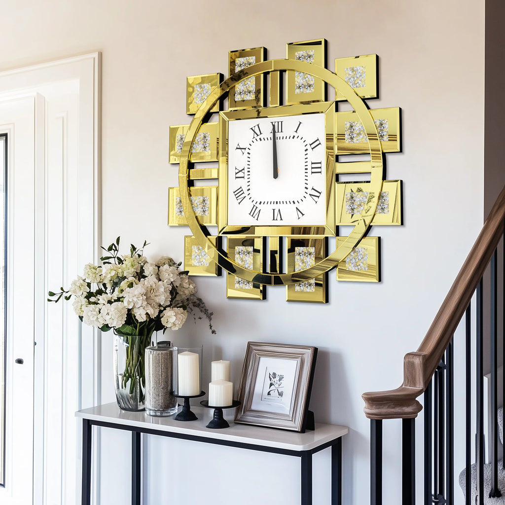 Large Crush Diamond Mirrored Wall Clock Sparkle Bling Quartz