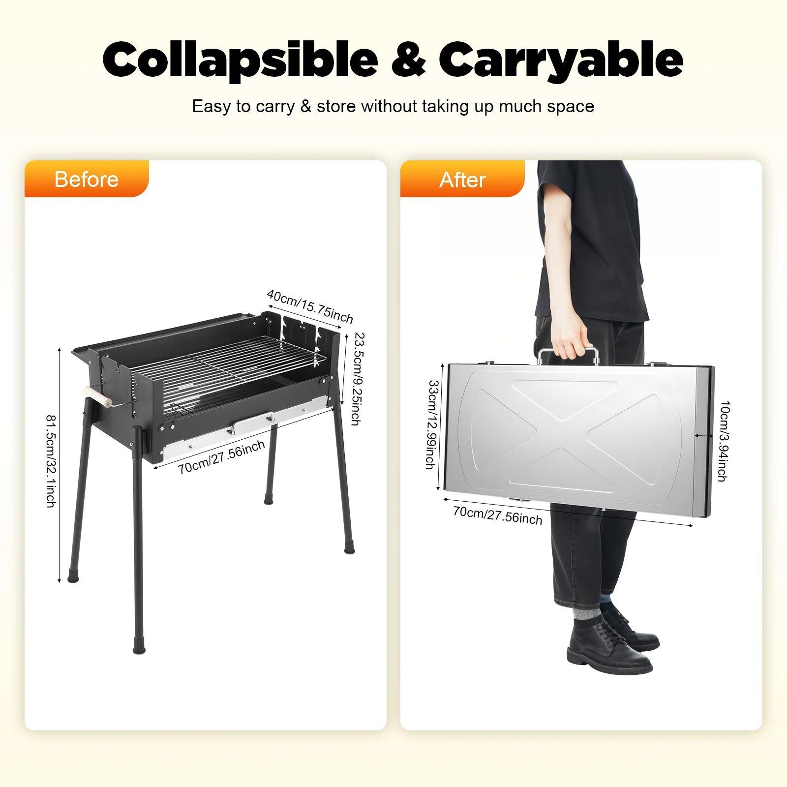 70*40*23.5cm Barbecue Charcoal Grill Stainless Steel Folding Portable