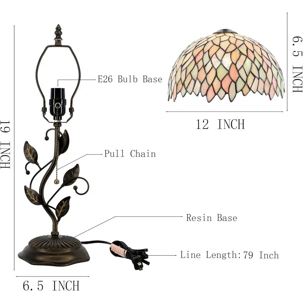 Stained Glass Tiffany Desk Lamp, 12x12x19, Metal Leaf Base, 7-Color Wisteria Style, Ideal for Bedside Reading