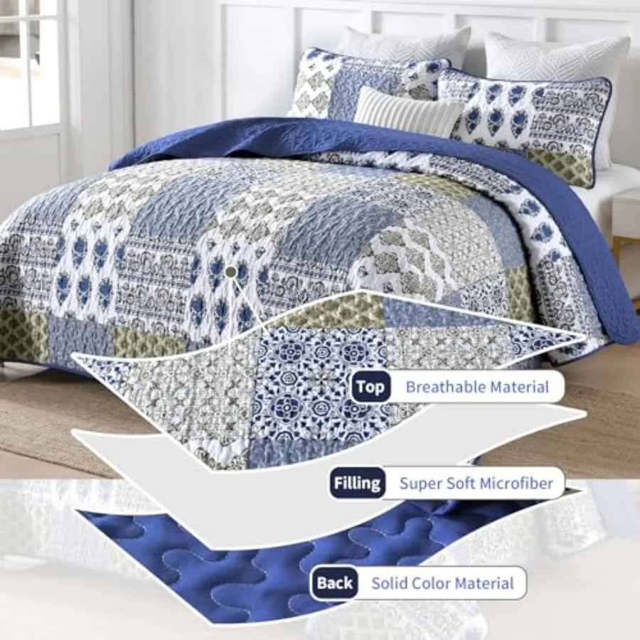 Quilt Set  Queen- 3 Pieces Boho Plaid Floral Bedspread Set Microfiber