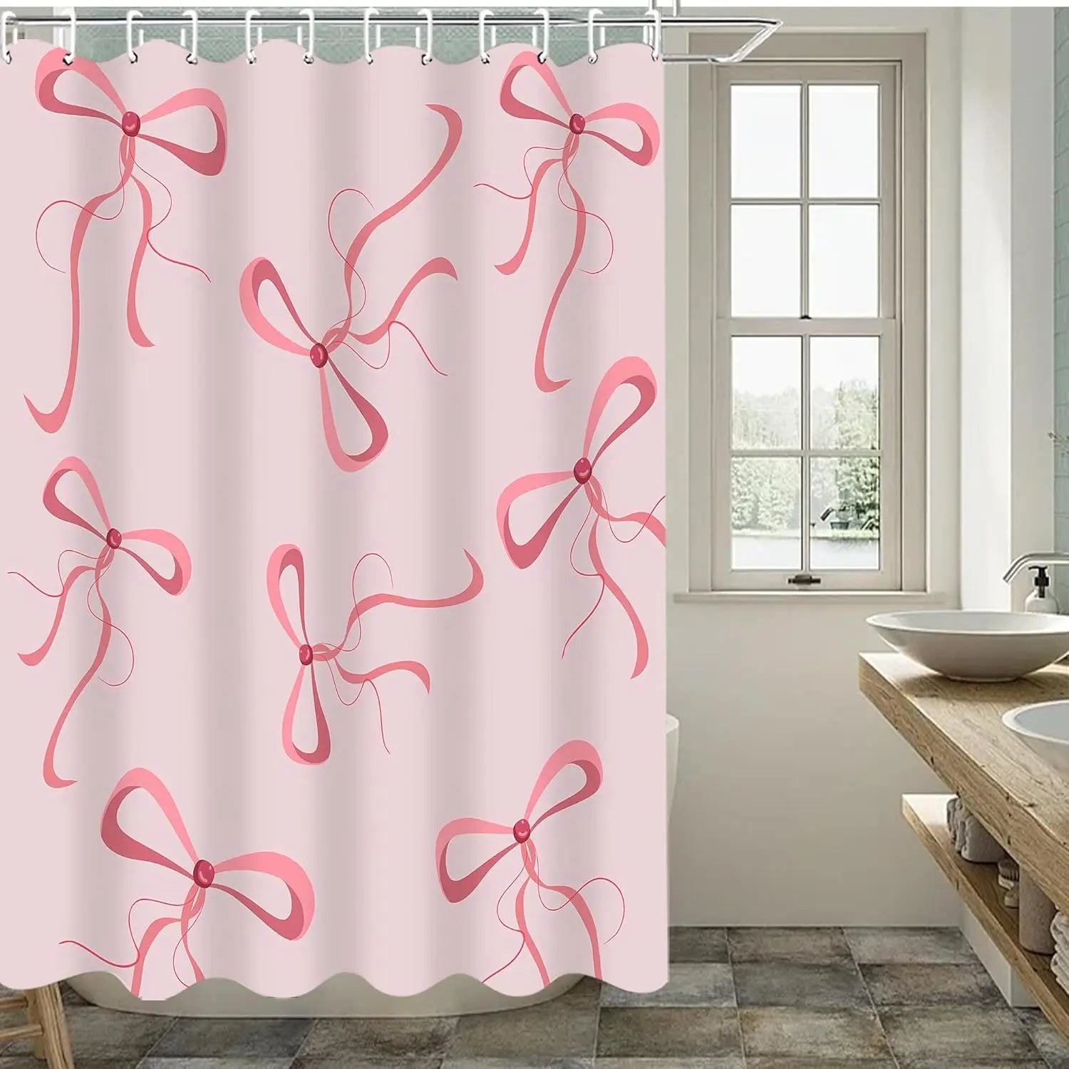 Pink Bow Shower Curtain Set with 12 Hooks, Cute Aesthetic Bathroom Accessories for Decor