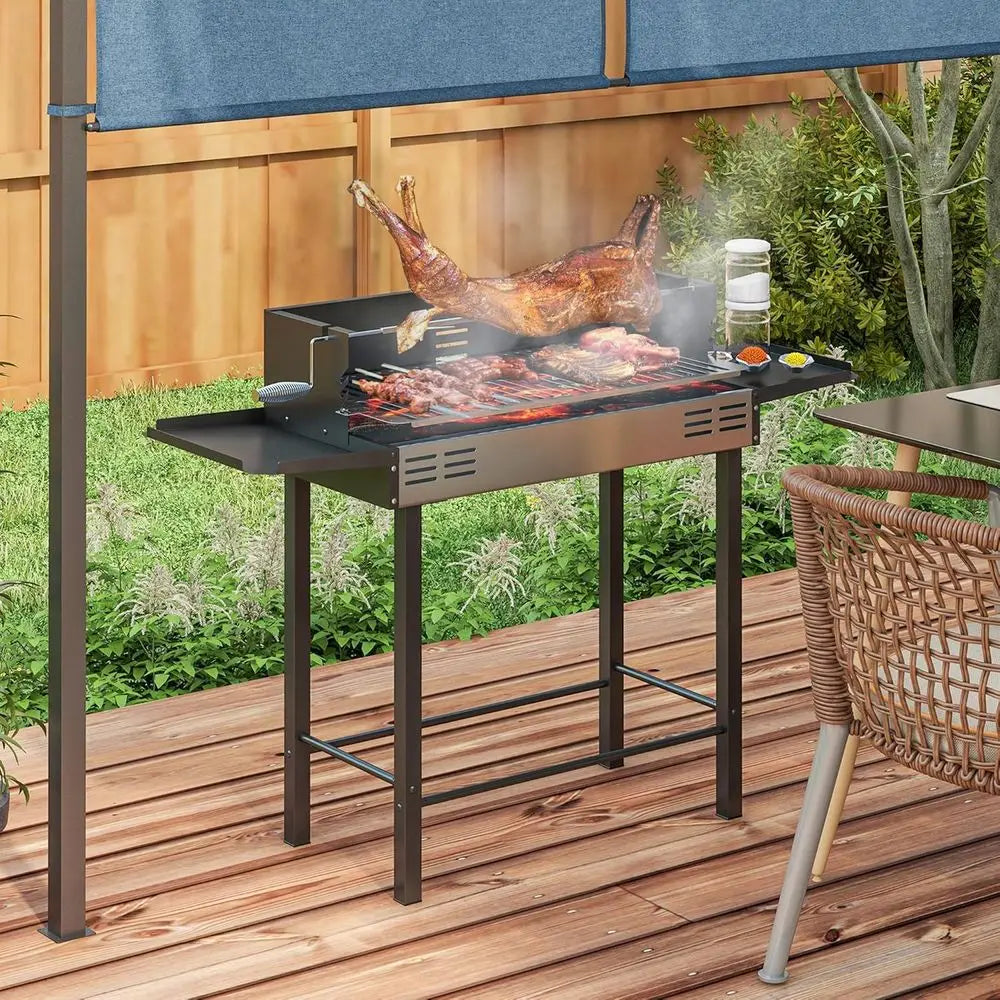 3-Level Charcoal Rotisserie Grill with Folding Shelves, Wind Guard,