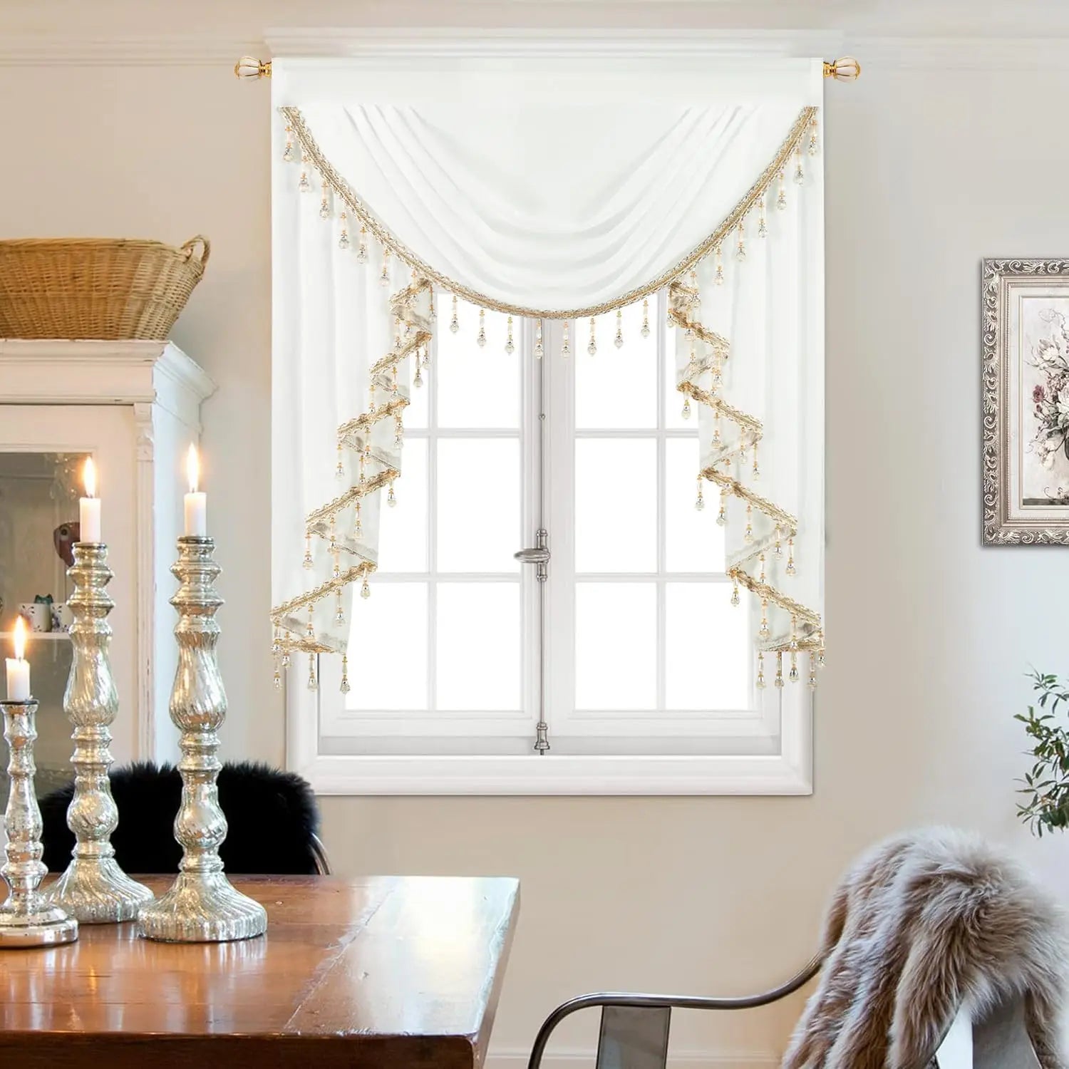 Luxury Sheer Valance with Beaded Tassels - Vintage Waterfall Swag Curtains
