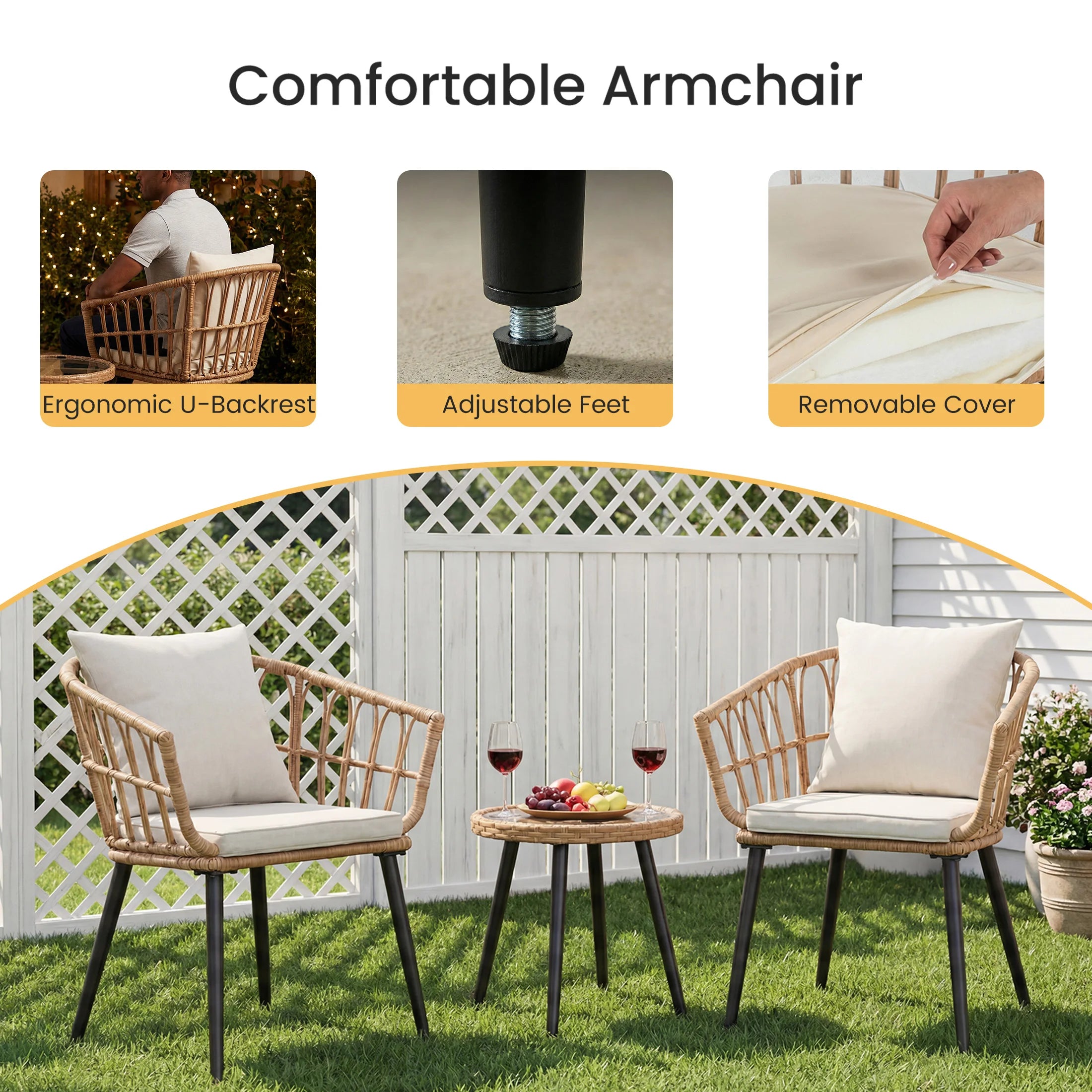 3 Pieces Wicker Patio Outdoor Set with Soft Cushion and Glass Steel Frame