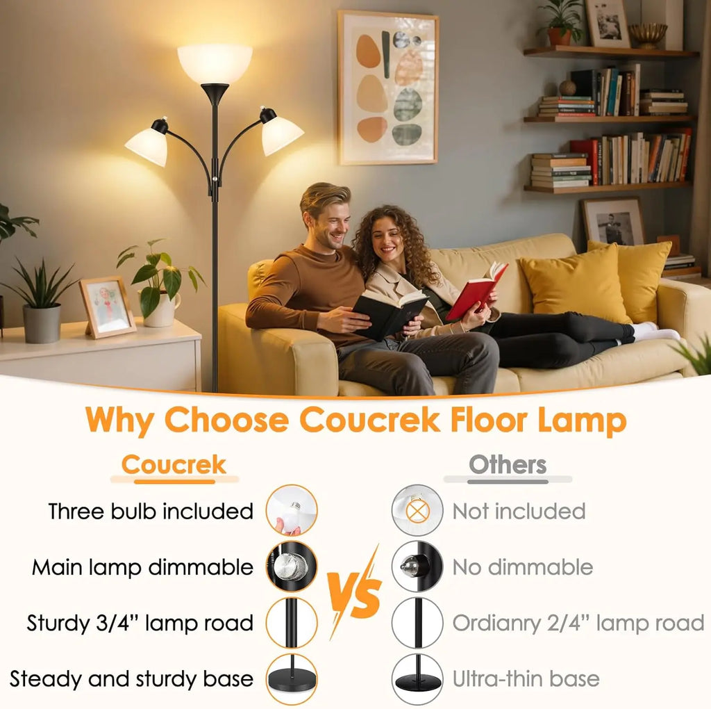 72-Inch Dimmable Floor Lamp with 2 Reading Lights, Black Standing Lamp for Living Room and Bedroom, Includes 3 Bulbs