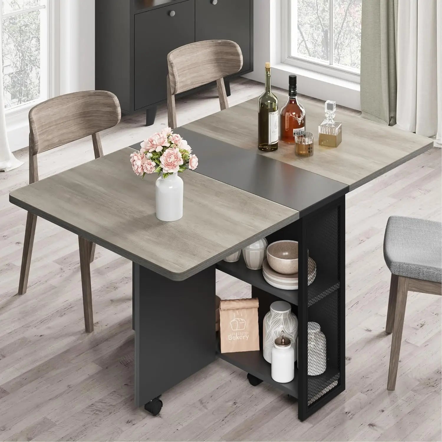 Wood Folding /Dining Table / 6 Wheels and 2-Layer Storage Shelf For Home Office, 47.2" D x 23.6" W x 29.5" H