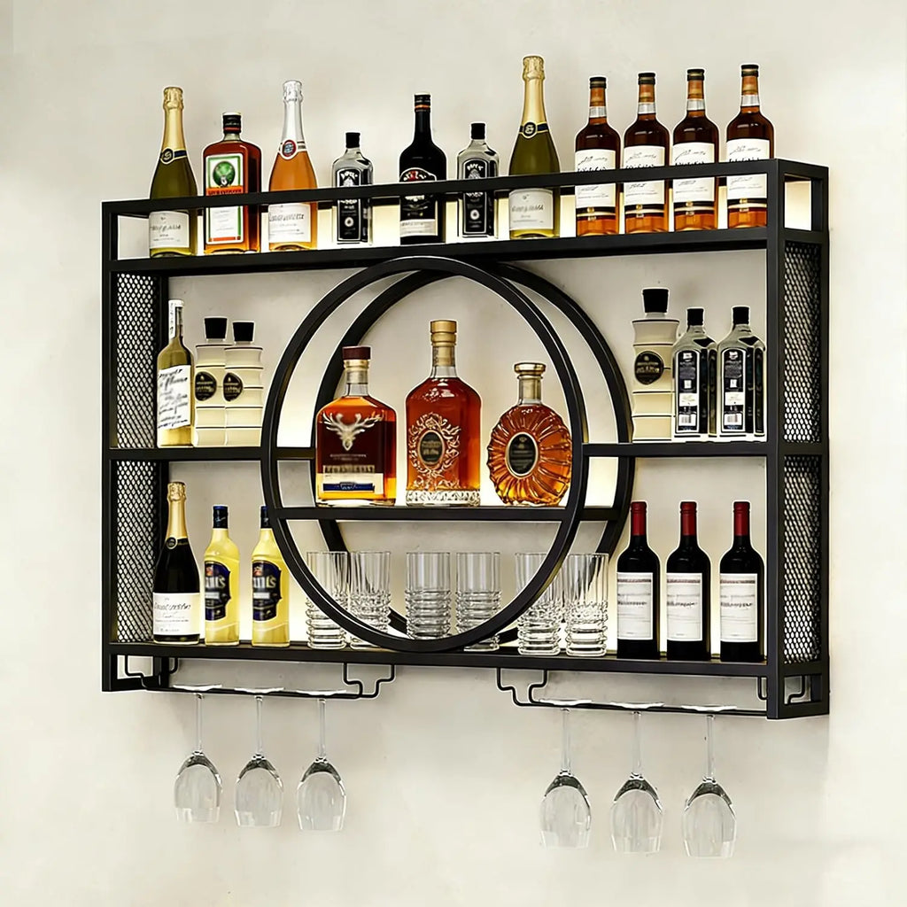 Wall Mounted Wine Rack with LED Lights, Iron Floating Wine Shelf