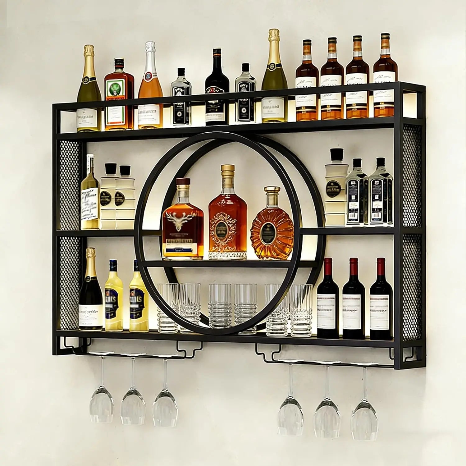 Wall Mounted Wine Rack with LED Lights, Iron Floating Wine Shelf