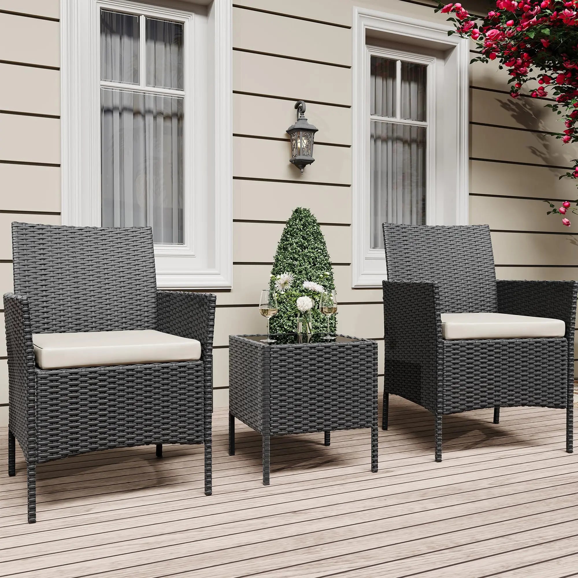 3-Piece Wicker Patio  Set, All-Weather With Glass Coffee Table