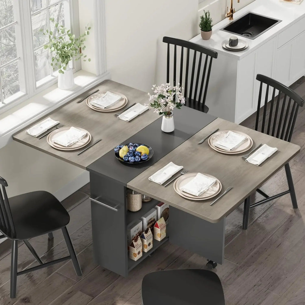 Wood Folding /Dining Table / 6 Wheels and 2-Layer Storage Shelf For Home Office, 47.2" D x 23.6" W x 29.5" H