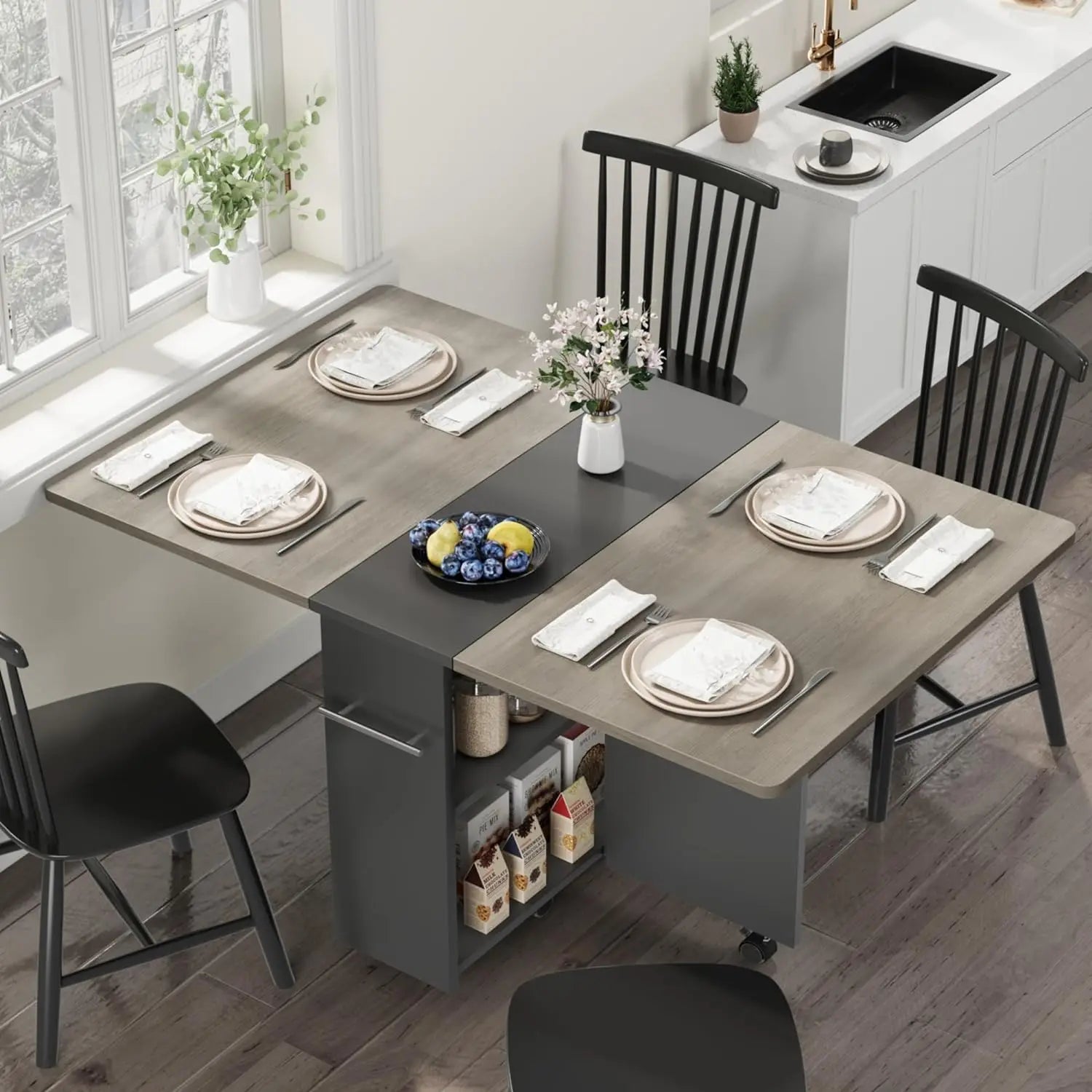 Wood Folding /Dining Table / 6 Wheels and 2-Layer Storage Shelf For Home Office, 47.2" D x 23.6" W x 29.5" H