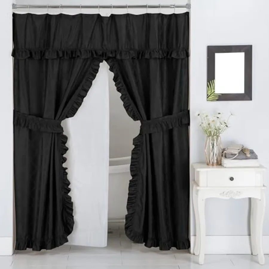 Double Swag Ruffled Fabric Shower Curtain Set with Liner and Roller Rings
