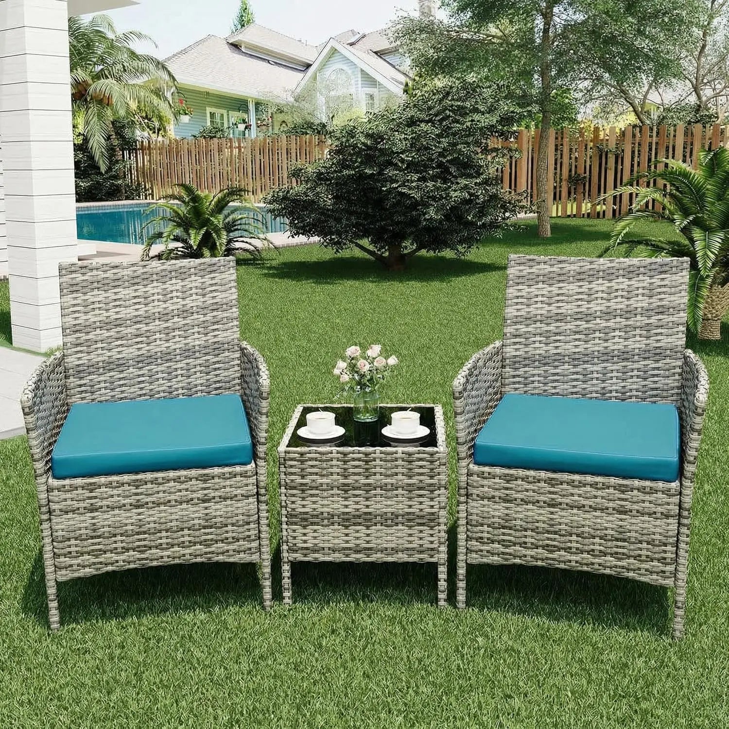 3-Piece Wicker Patio  Set, All-Weather With Glass Coffee Table