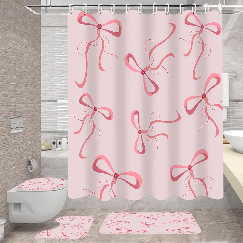 Pink Bow Shower Curtain Set with 12 Hooks, Cute Aesthetic Bathroom Accessories for Decor