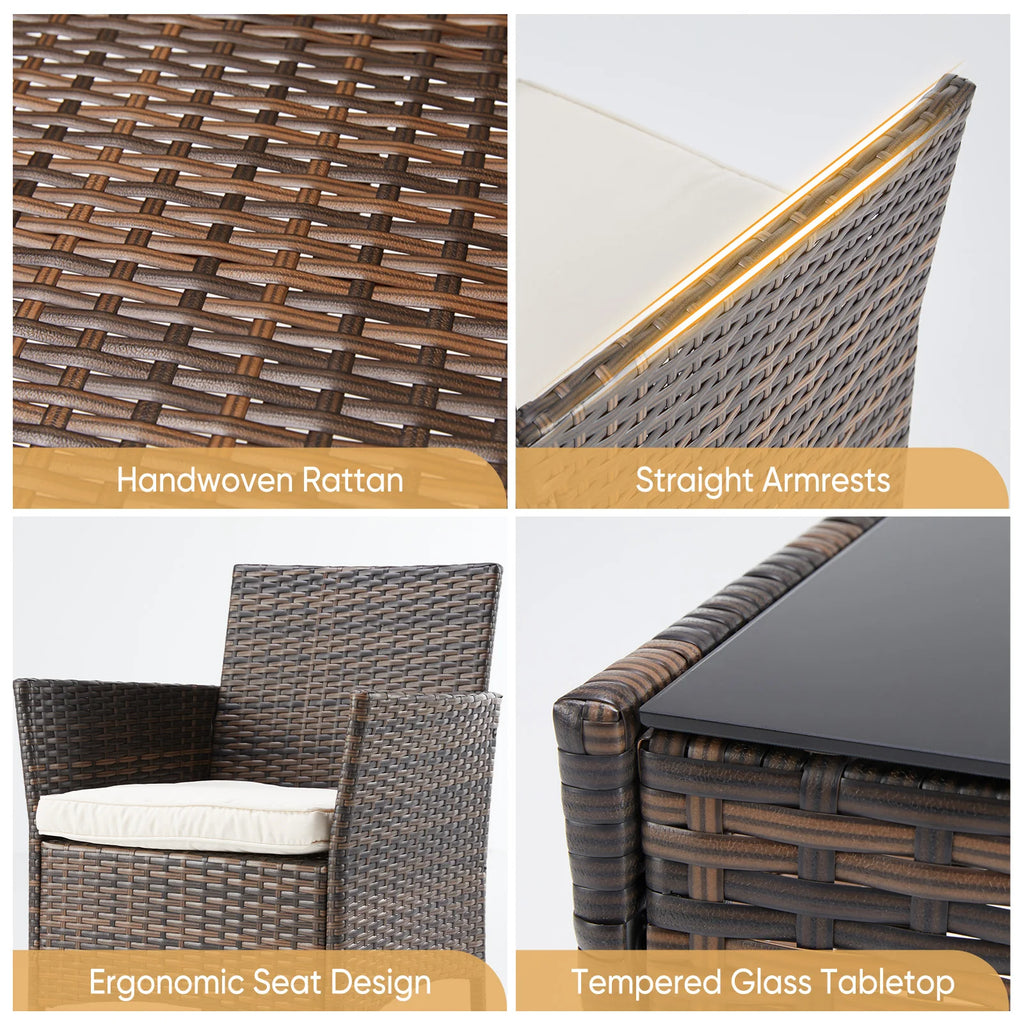 3 Pieces Outdoor Patio Furniture Set Manual Weaving Wicker Patio Chairs with Soft Cushion and Glass Table For Garden