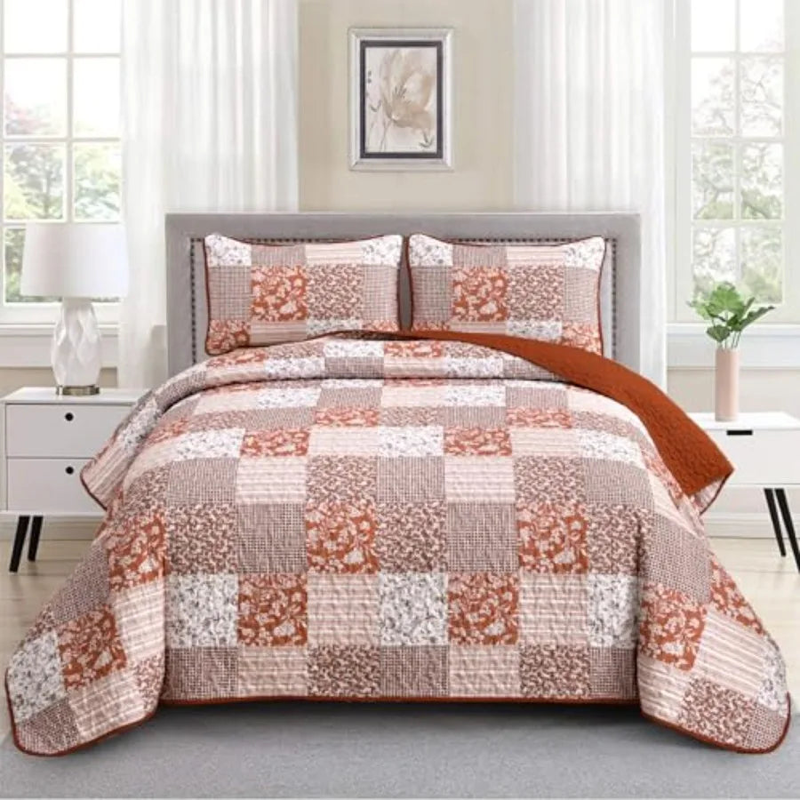 Quilt Set  Queen- 3 Pieces Boho Plaid Floral Bedspread Set Microfiber