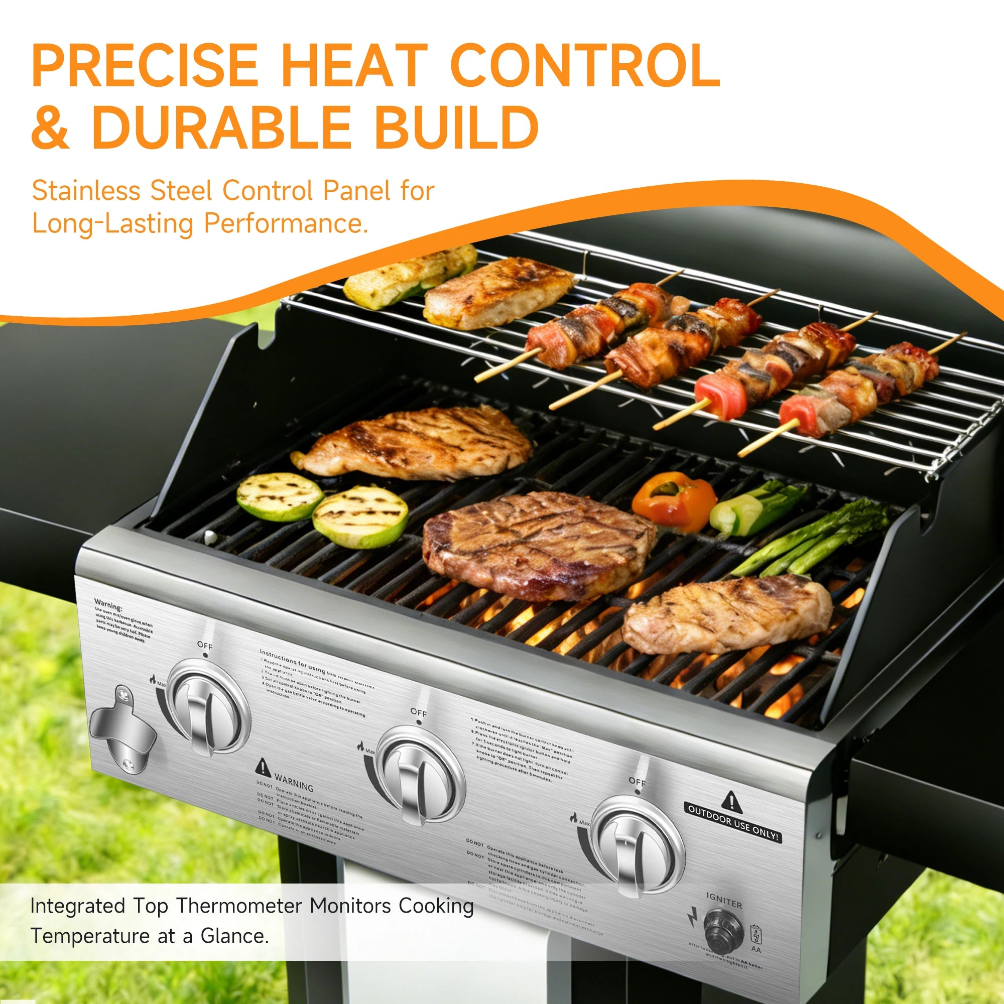 3-Burner Propane Gas Grill with Warming Rack, 30,000 BTU Outdoor BBQ Grill,