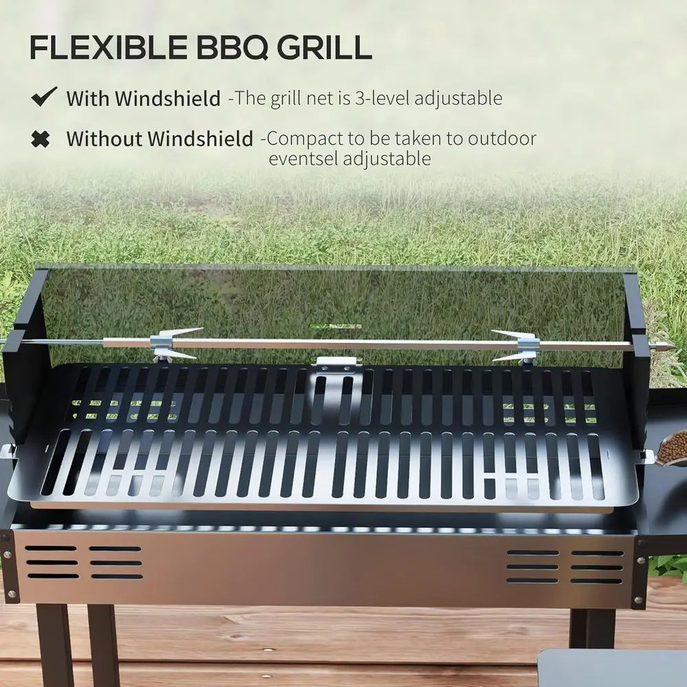 3-Level Charcoal Rotisserie Grill with Folding Shelves, Wind Guard,