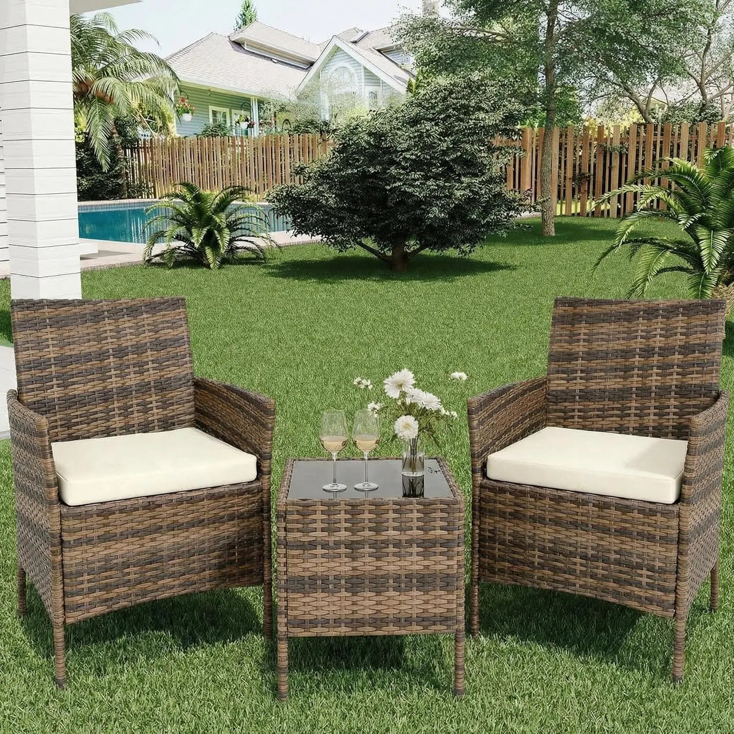 3-Piece Wicker Patio  Set, All-Weather With Glass Coffee Table