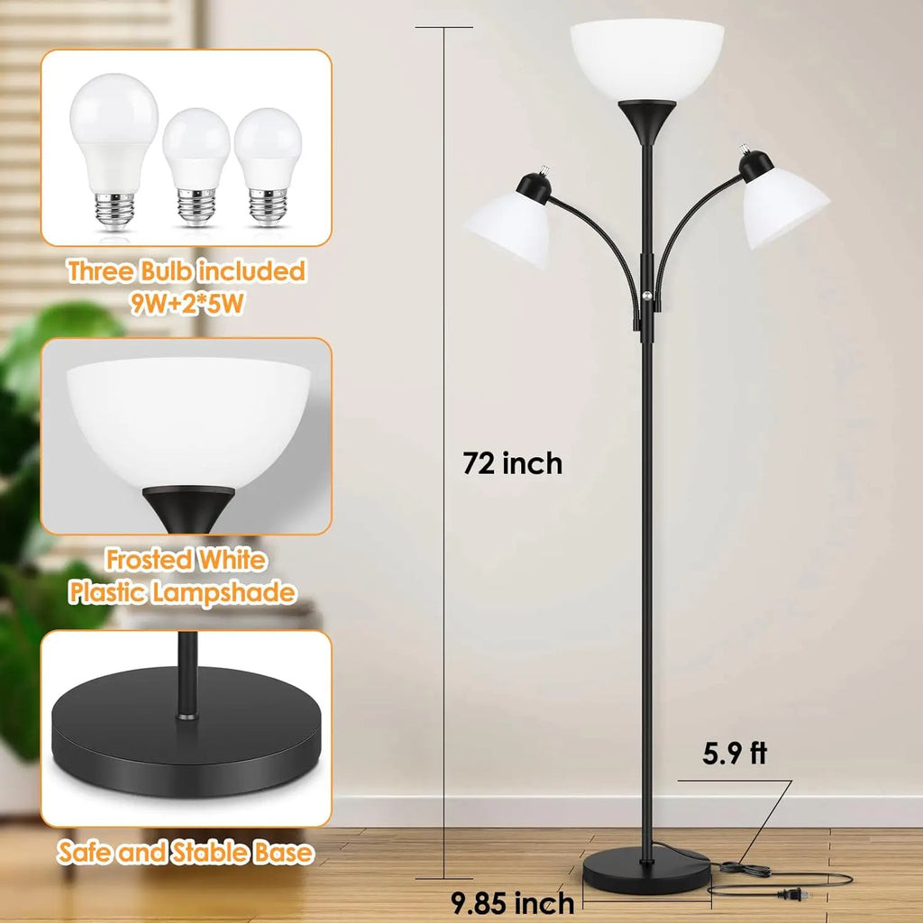 72-Inch Dimmable Floor Lamp with 2 Reading Lights, Black Standing Lamp for Living Room and Bedroom, Includes 3 Bulbs