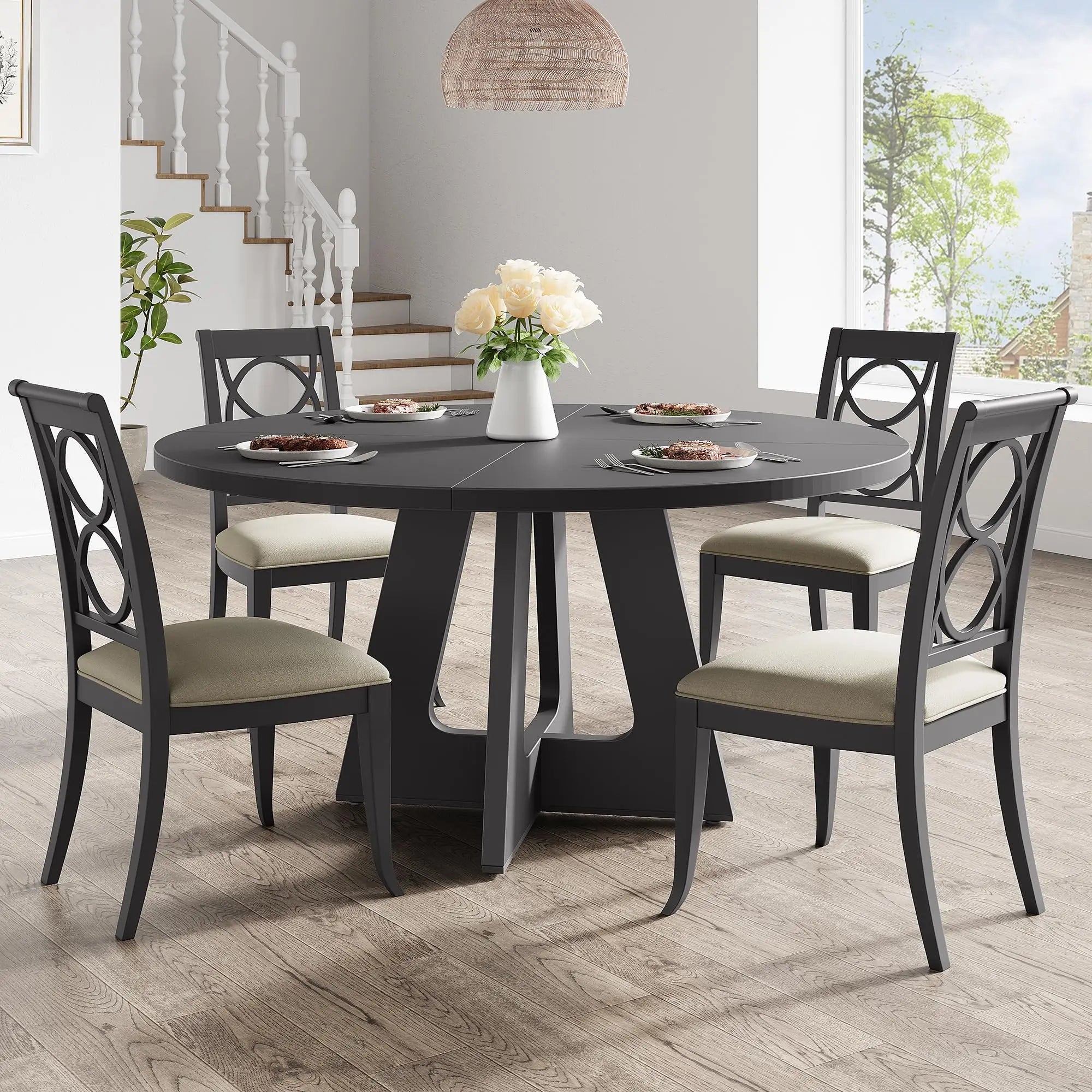 47-Inch Round Dining Table Large Wooden Kitchen Table For 4 to 6,