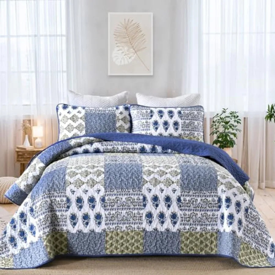 Quilt Set  Queen- 3 Pieces Boho Plaid Floral Bedspread Set Microfiber