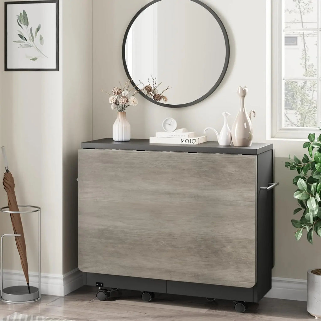 Wood Folding /Dining Table / 6 Wheels and 2-Layer Storage Shelf For Home Office, 47.2" D x 23.6" W x 29.5" H