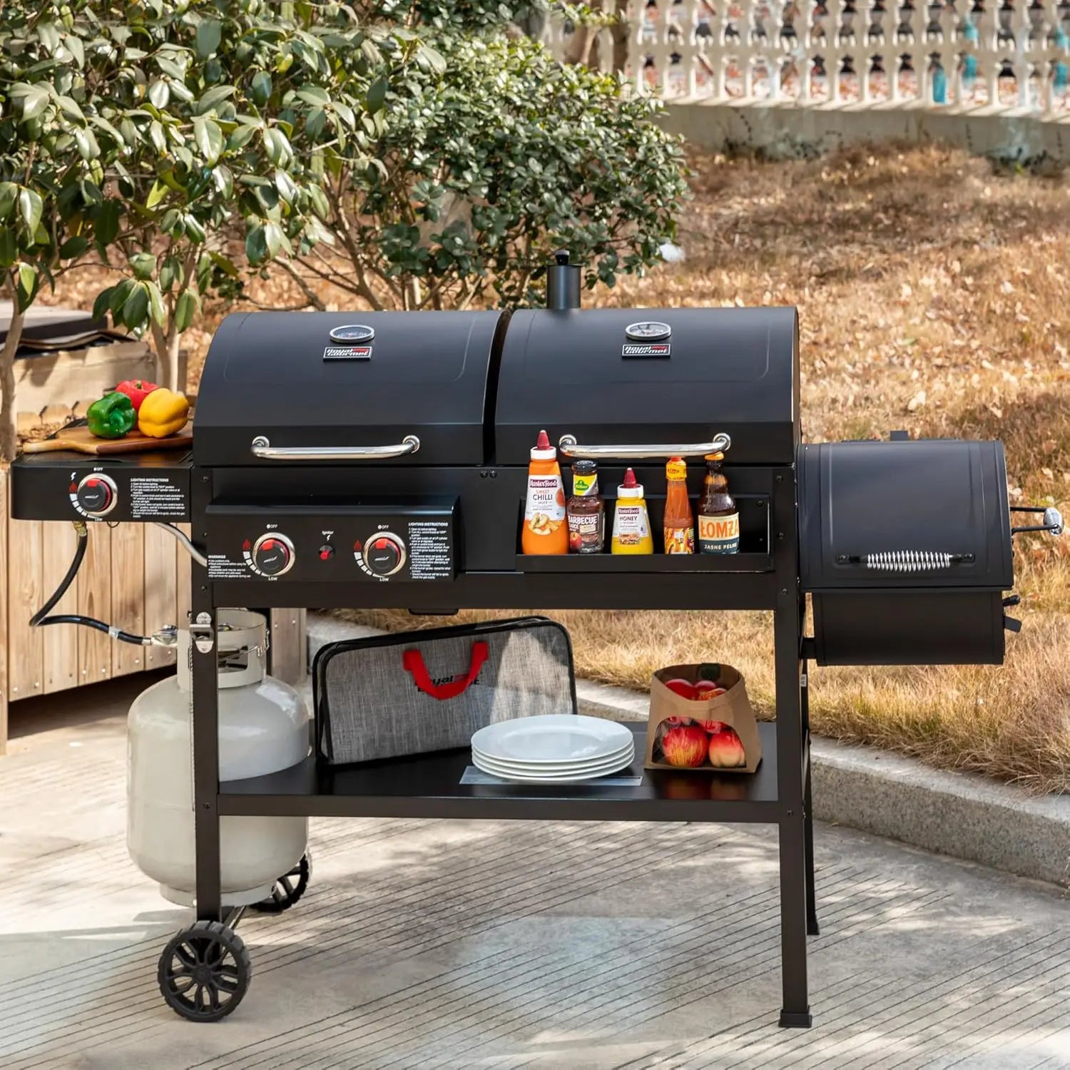 2-Burner Gas and Charcoal  Grill with Offset Smoker & Side Burner,