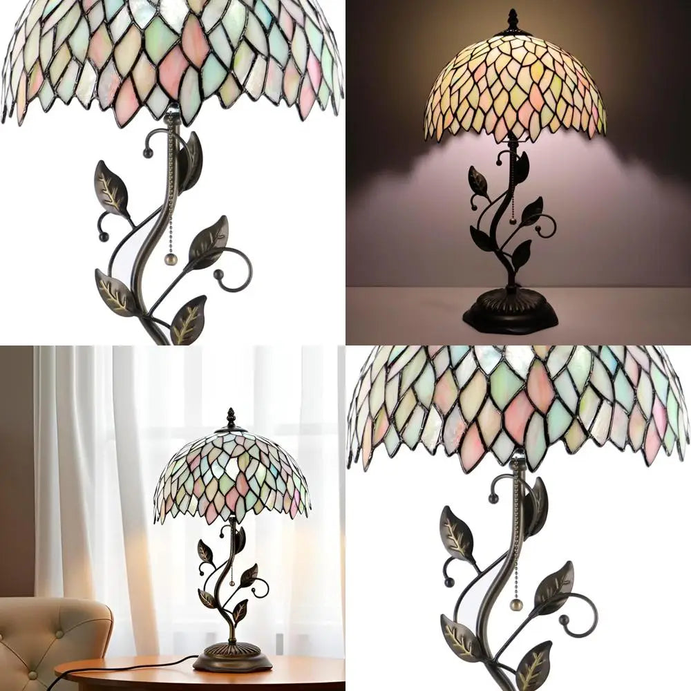 Stained Glass Tiffany Desk Lamp, 12x12x19, Metal Leaf Base, 7-Color Wisteria Style, Ideal for Bedside Reading