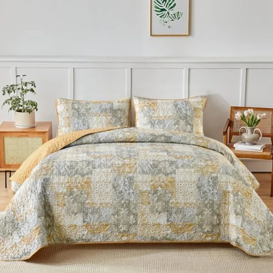Quilt Set  Queen- 3 Pieces Boho Plaid Floral Bedspread Set Microfiber