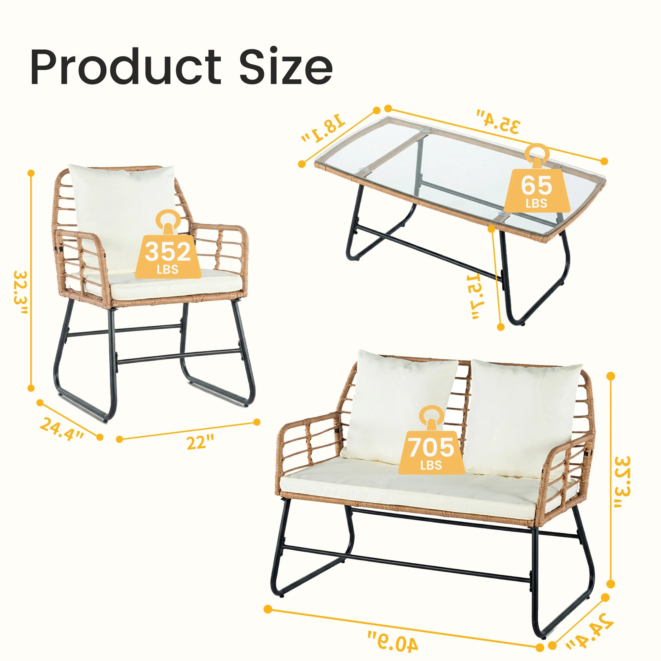 Wicker Patio  Set 4 Pieces with Soft Cushion and Glass Table