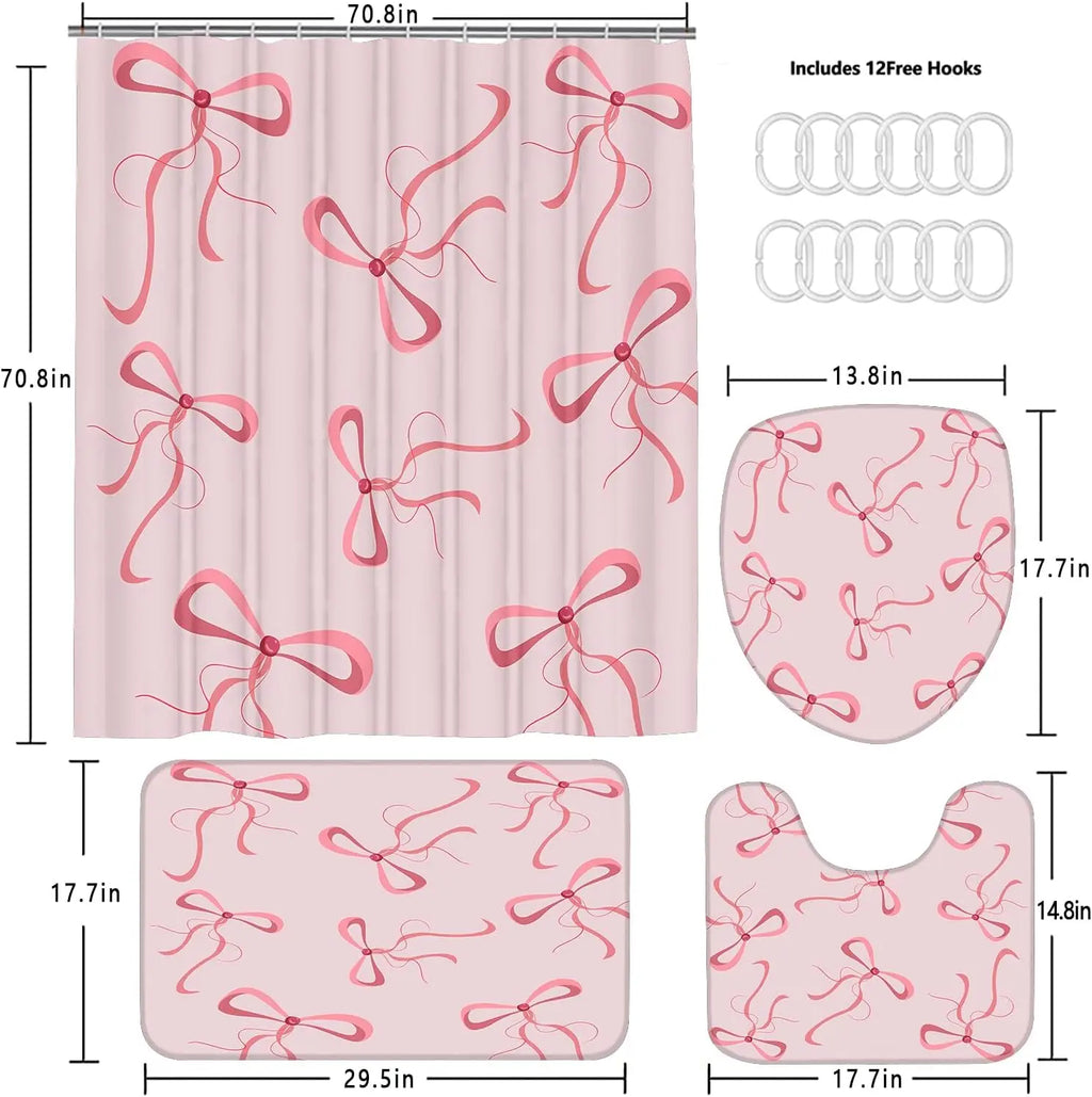 Pink Bow Shower Curtain Set with 12 Hooks, Cute Aesthetic Bathroom Accessories for Decor