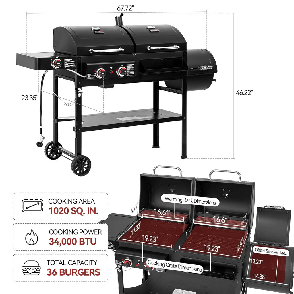 2-Burner Gas and Charcoal  Grill with Offset Smoker & Side Burner,