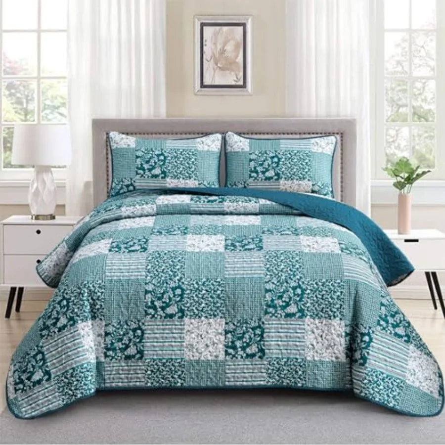 Quilt Set  Queen- 3 Pieces Boho Plaid Floral Bedspread Set Microfiber
