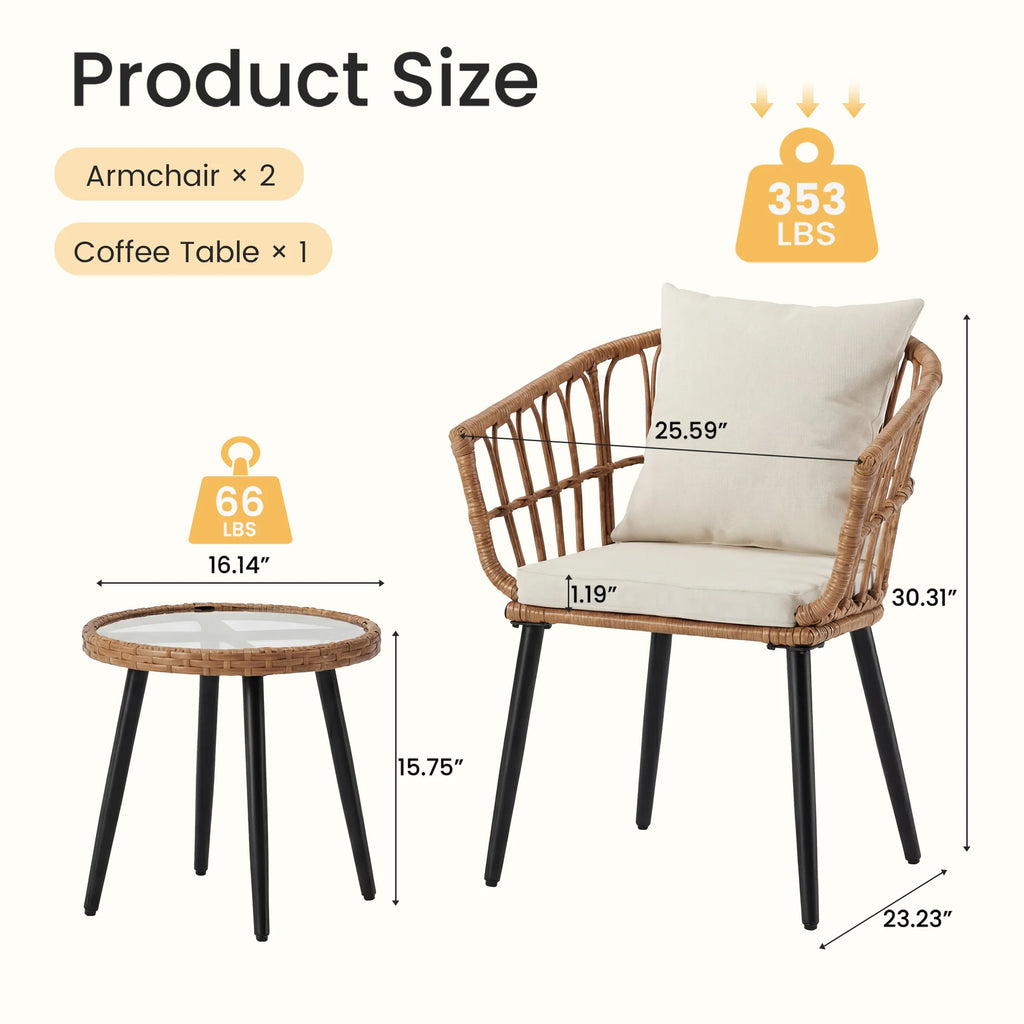 3 Pieces Wicker Patio Outdoor Set with Soft Cushion and Glass Steel Frame