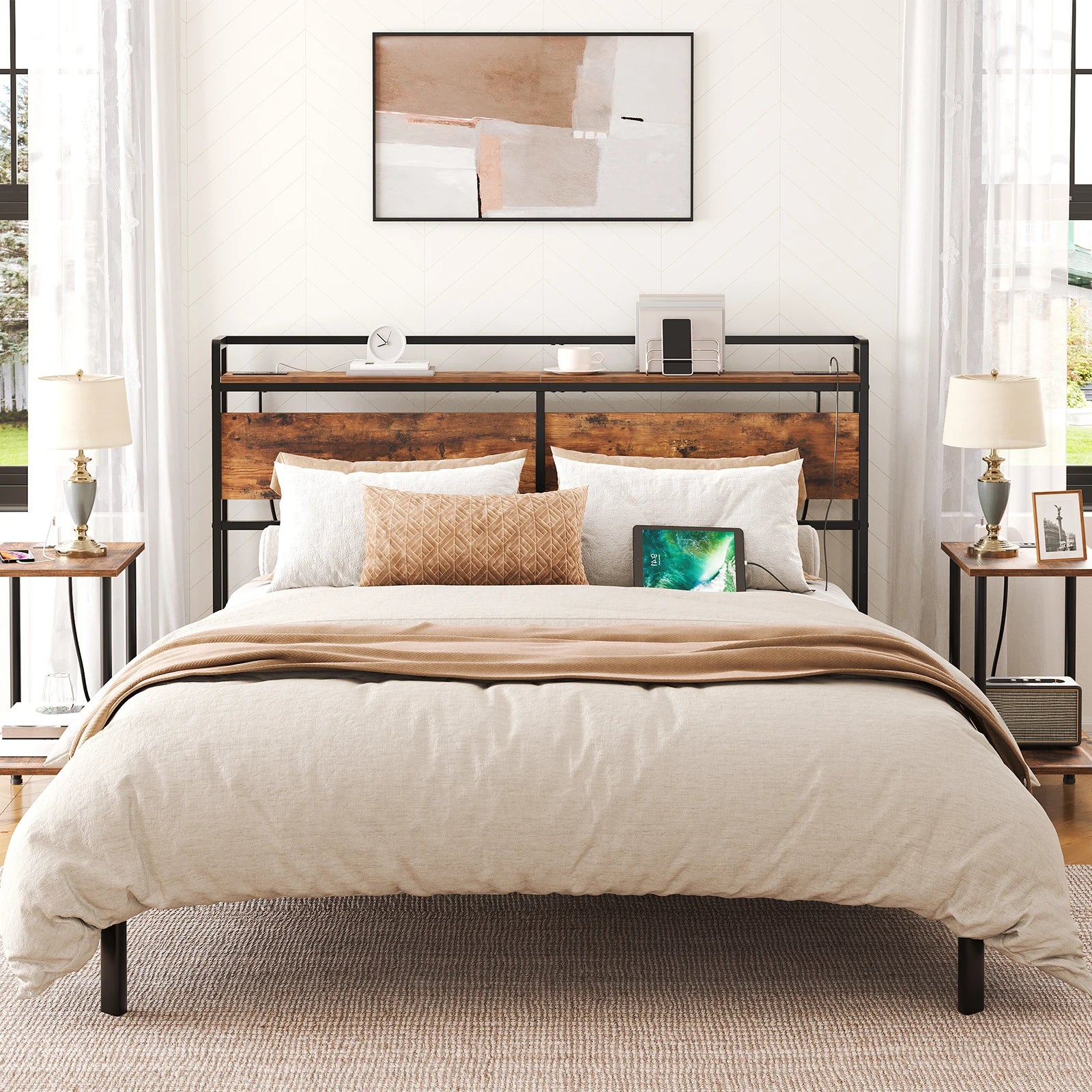 Headboard Queen Size with 2 Outlets and 4 USB Ports,