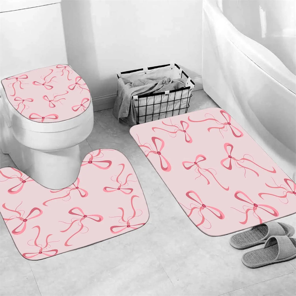 Pink Bow Shower Curtain Set with 12 Hooks, Cute Aesthetic Bathroom Accessories for Decor
