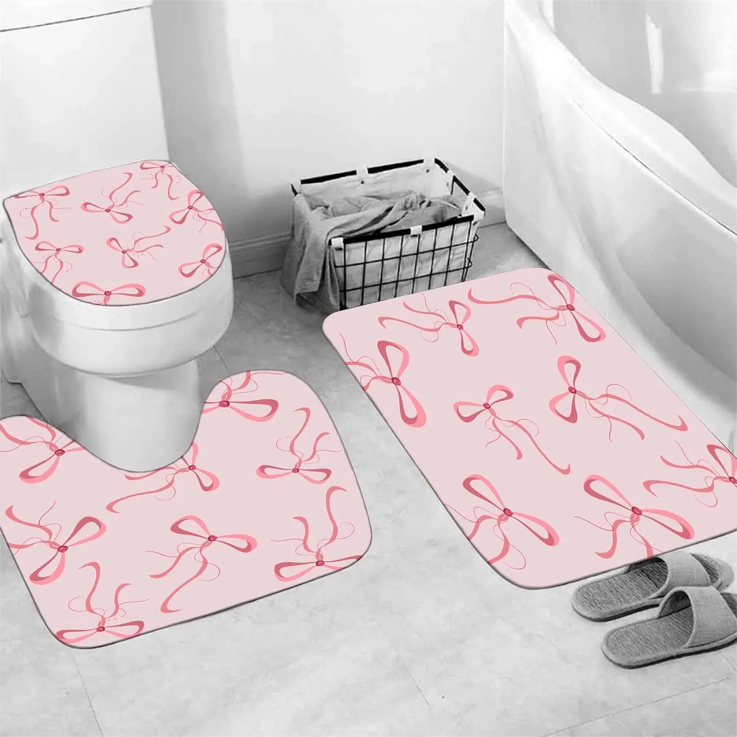 Pink Bow Shower Curtain Set with 12 Hooks, Cute Aesthetic Bathroom Accessories for Decor