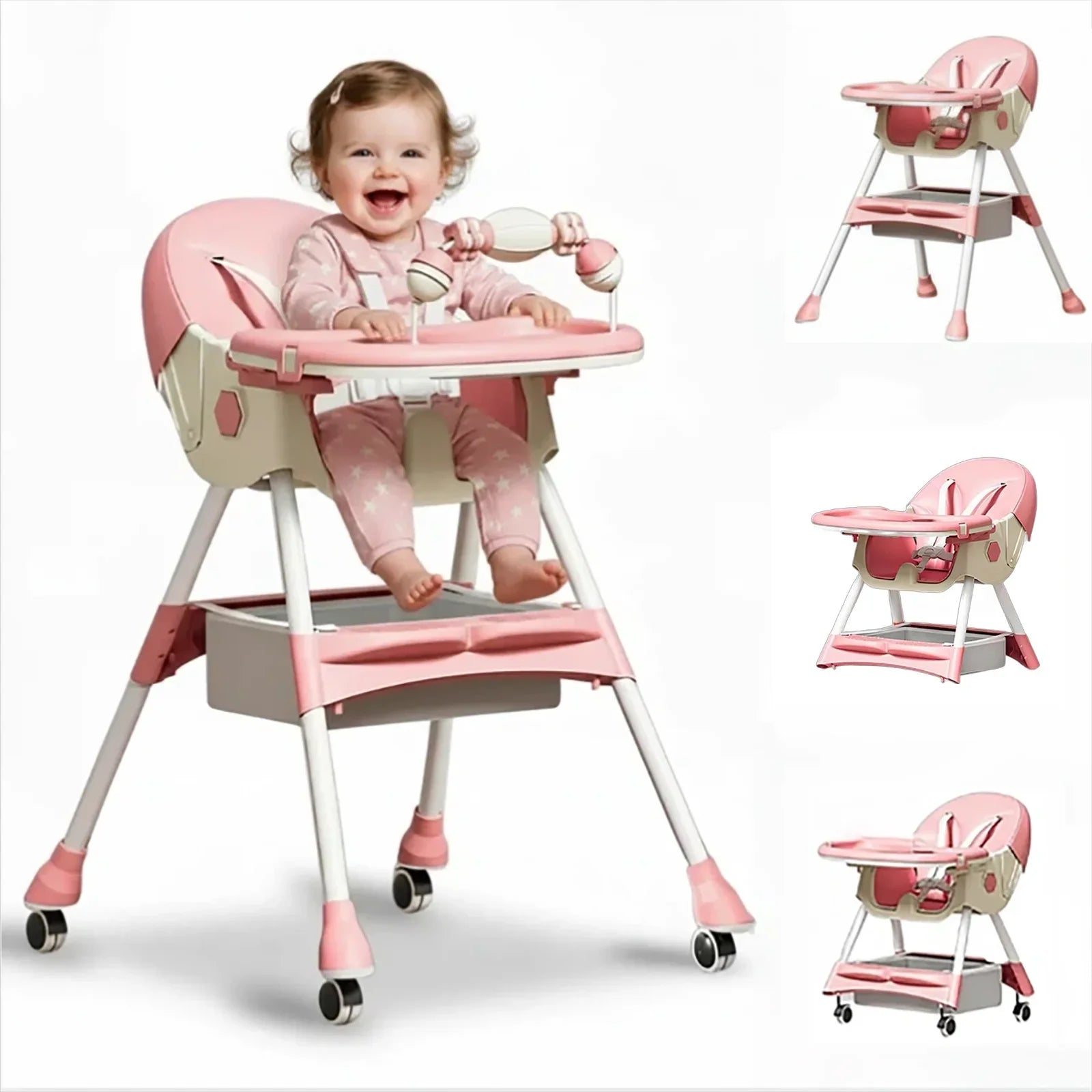 Foldable Baby High Chair 4-in-1 Reclining Feeding Table Chair Seat