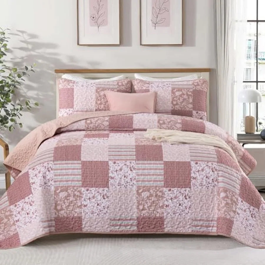 Quilt Set  Queen- 3 Pieces Boho Plaid Floral Bedspread Set Microfiber