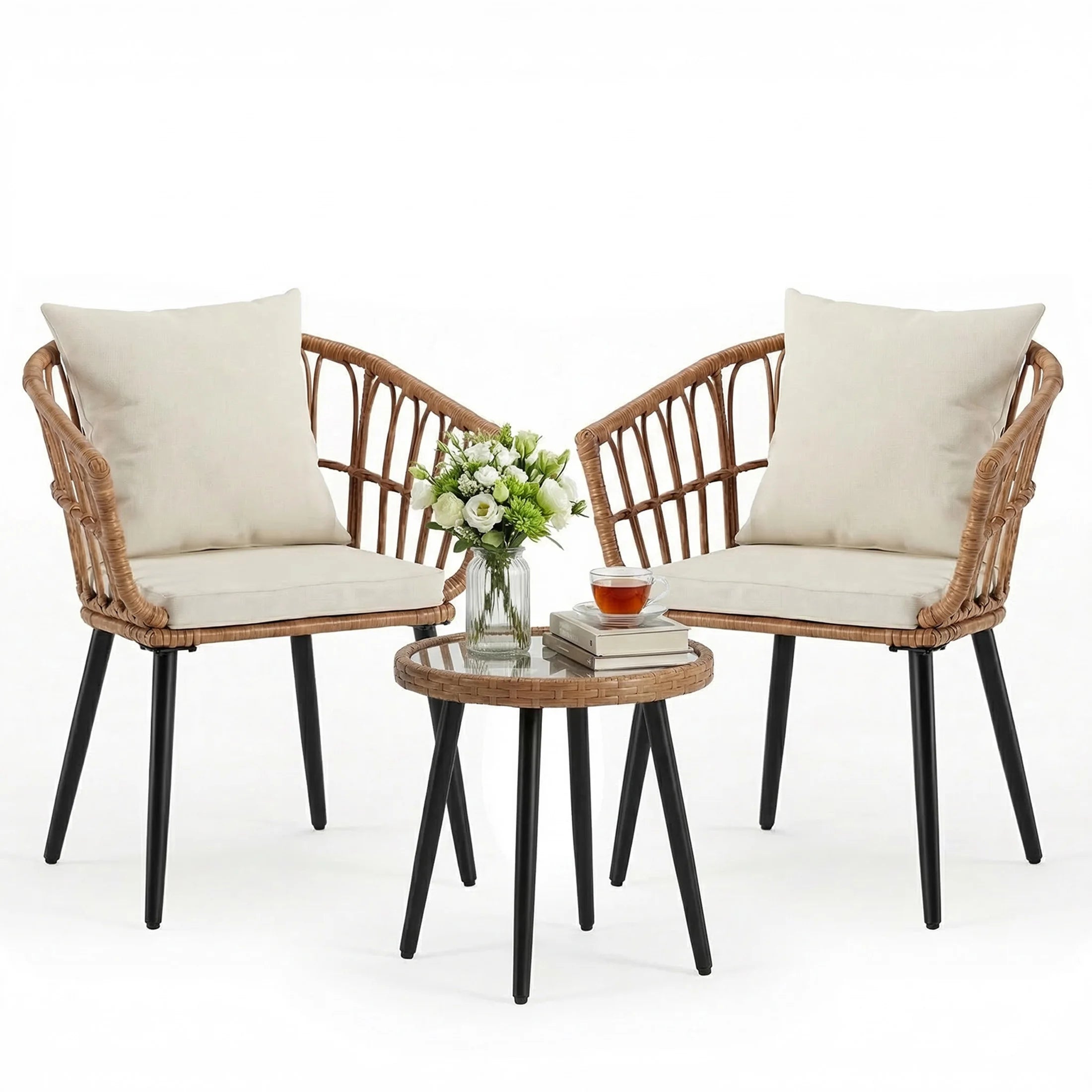 3 Pieces Wicker Patio Outdoor Set with Soft Cushion and Glass Steel Frame