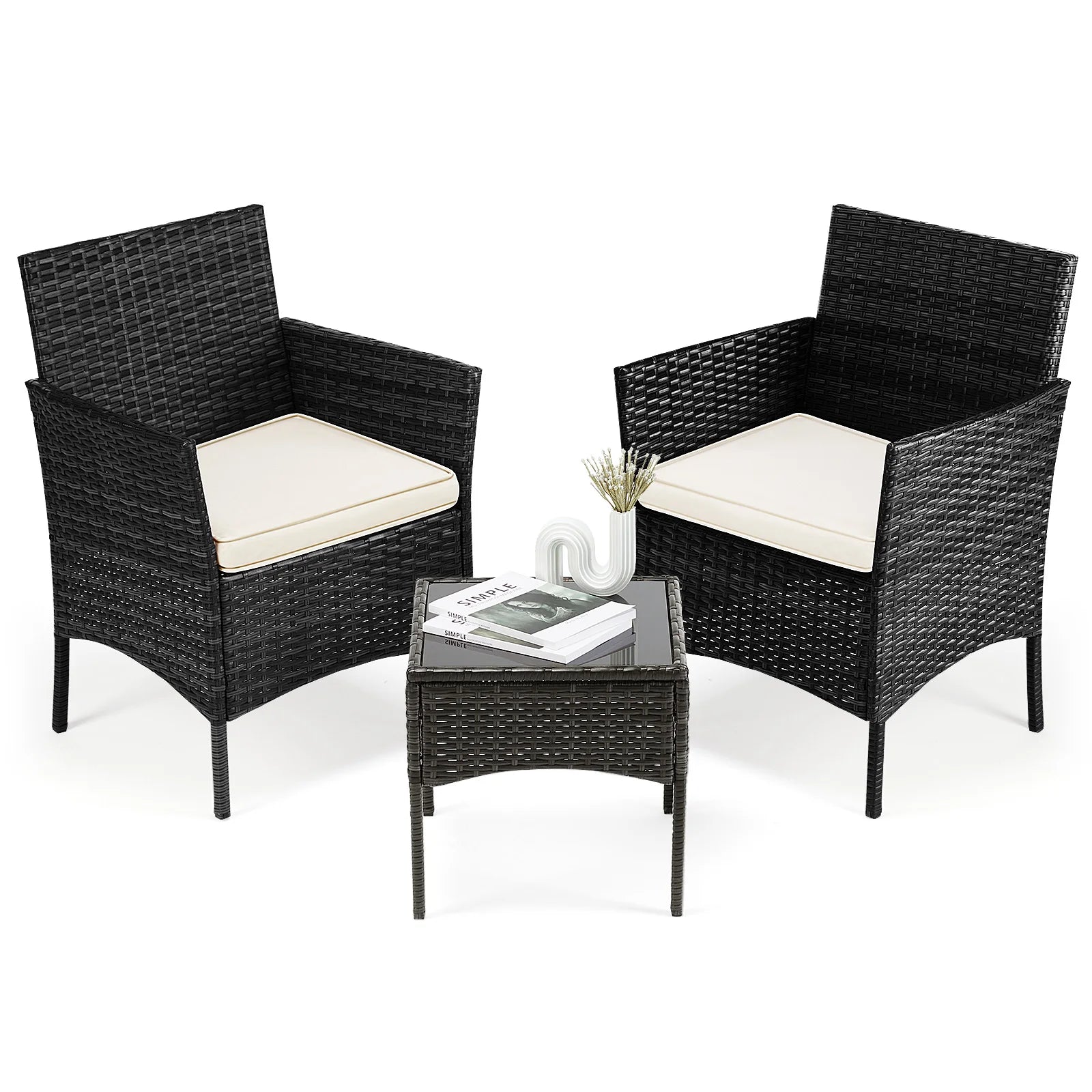 3 Pieces Outdoor Patio Furniture Set Manual Weaving Wicker Patio Chairs with Soft Cushion and Glass Table For Garden