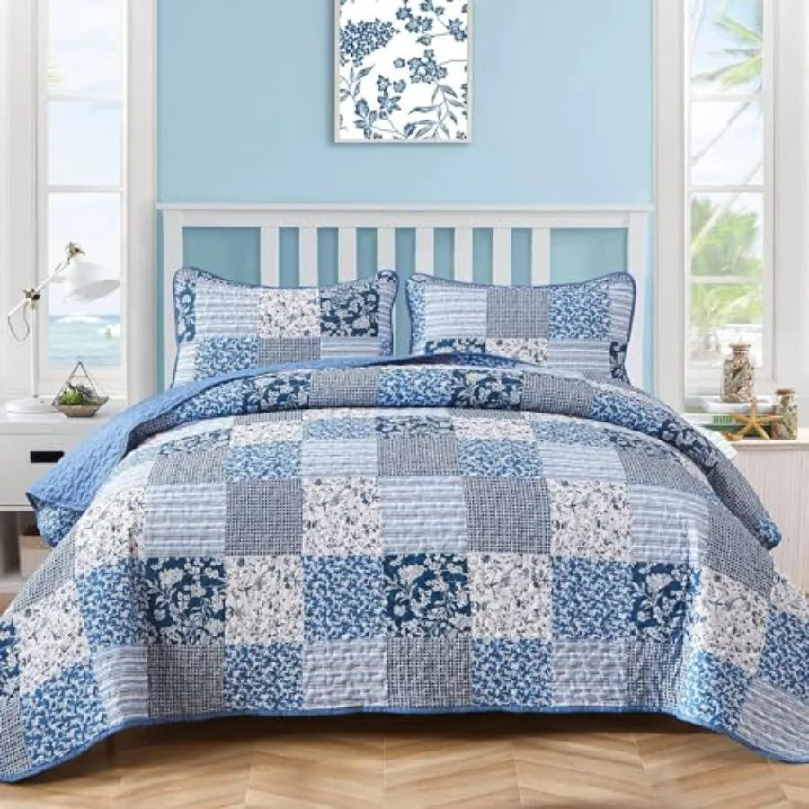 Quilt Set  Queen- 3 Pieces Boho Plaid Floral Bedspread Set Microfiber