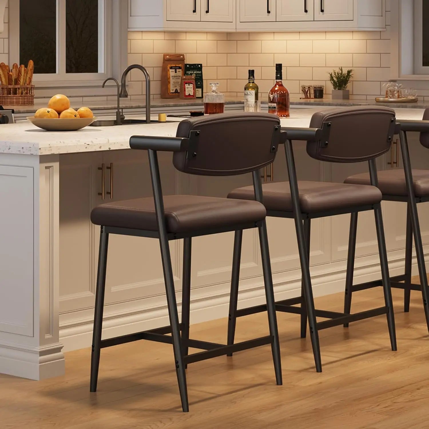 2PCS Counter Height Bar Stools  ,Upholstered PU Leather Dining Chair