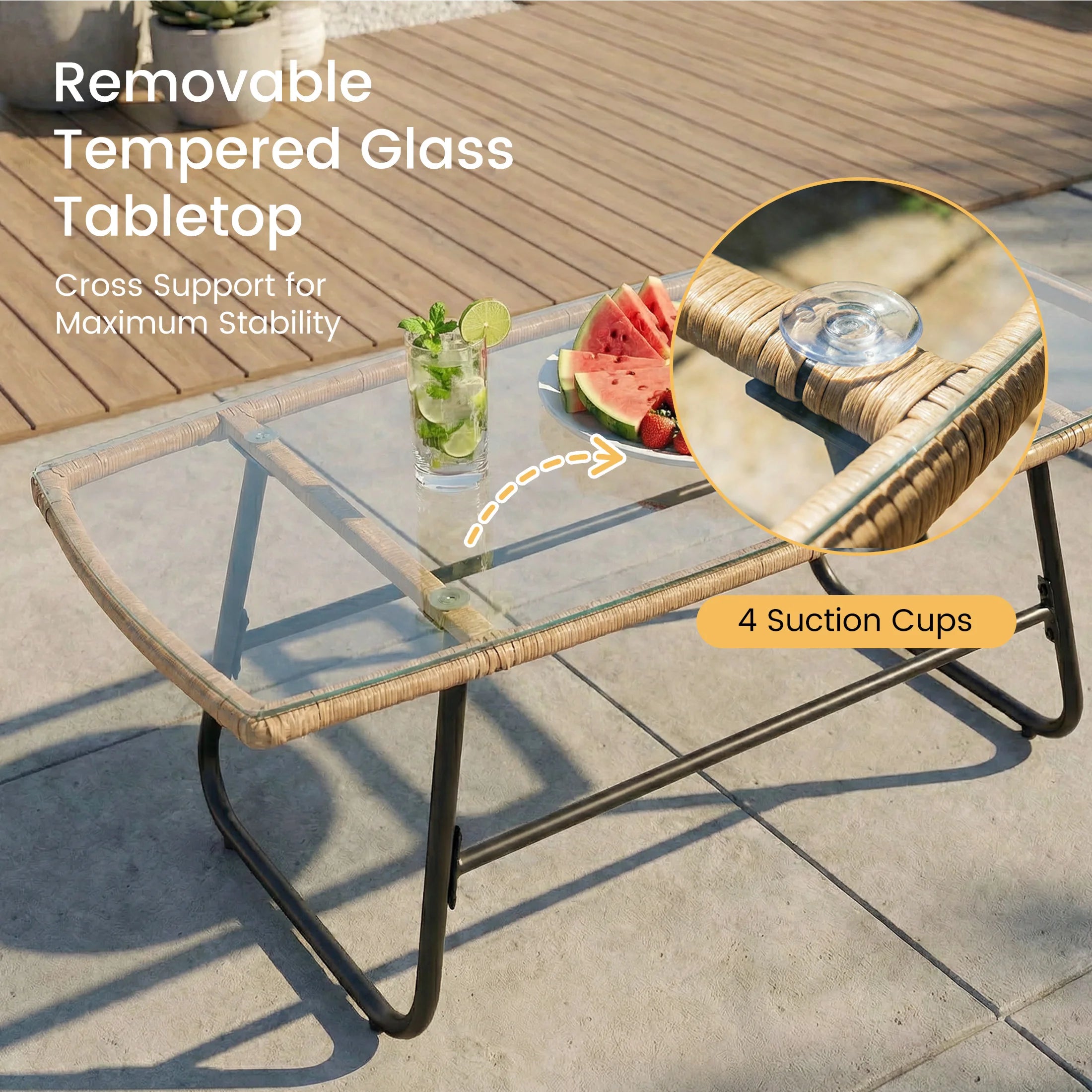 Wicker Patio  Set 4 Pieces with Soft Cushion and Glass Table