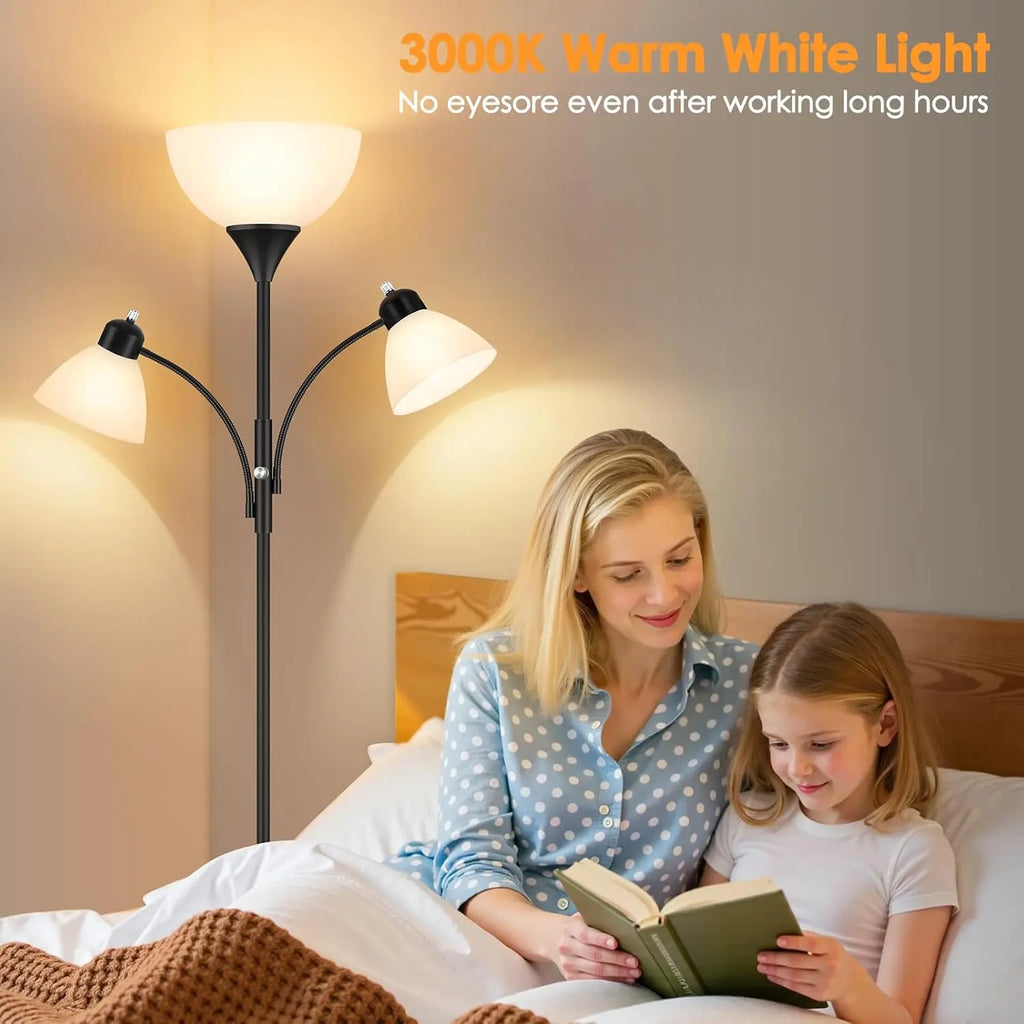 72-Inch Dimmable Floor Lamp with 2 Reading Lights, Black Standing Lamp for Living Room and Bedroom, Includes 3 Bulbs