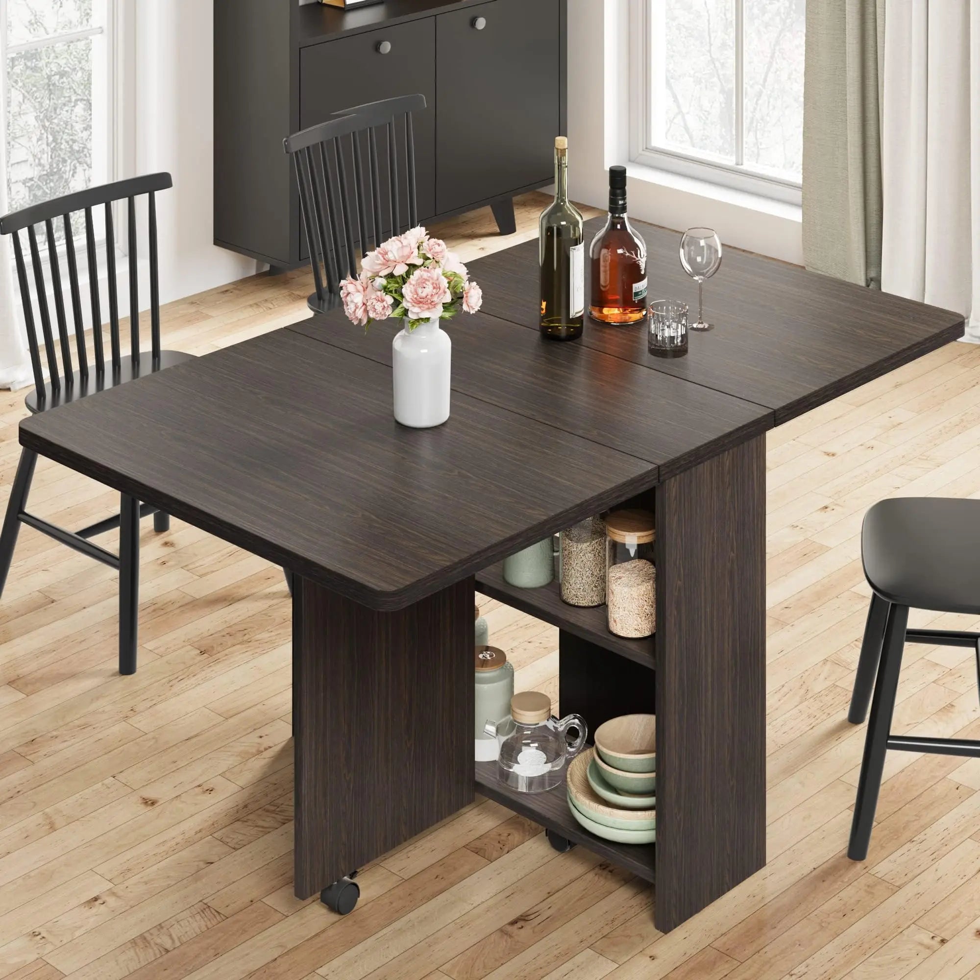 Wood Folding /Dining Table / 6 Wheels and 2-Layer Storage Shelf For Home Office, 47.2" D x 23.6" W x 29.5" H