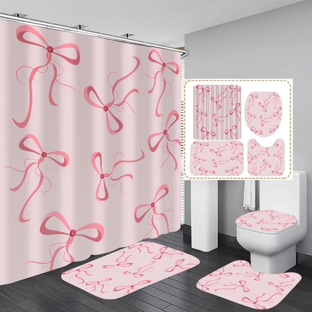 Pink Bow Shower Curtain Set with 12 Hooks, Cute Aesthetic Bathroom Accessories for Decor